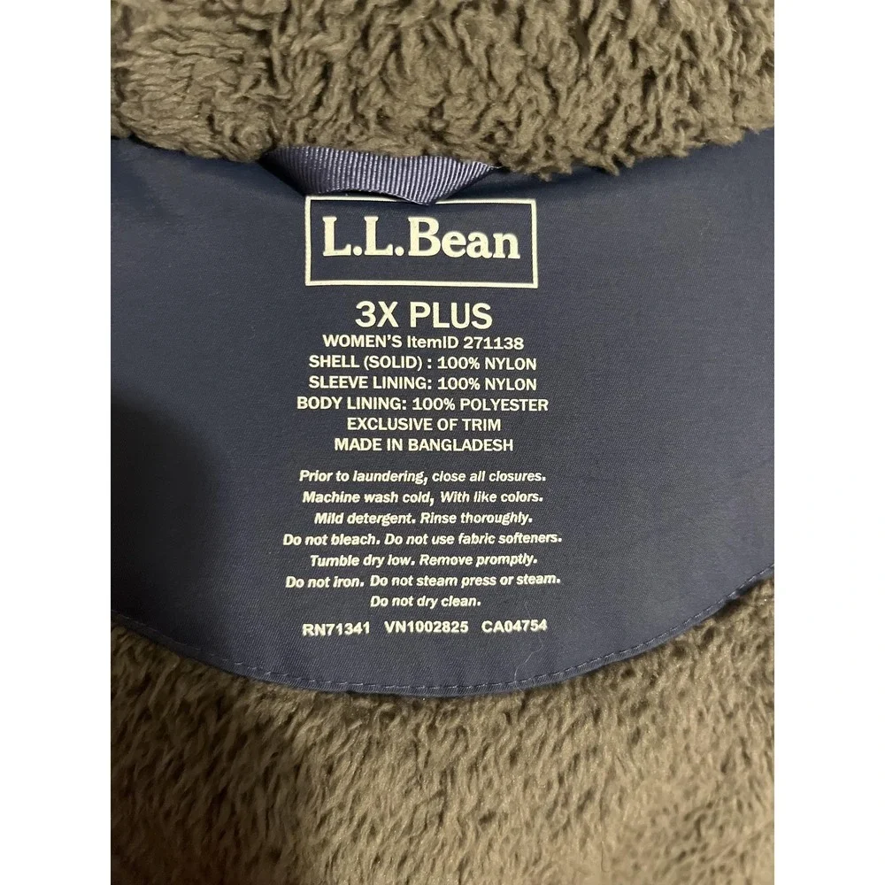 L L Bean Jacket Womens 3X Plus Blue Hooded Nylon Sherpa‎ Lined Winter Coat